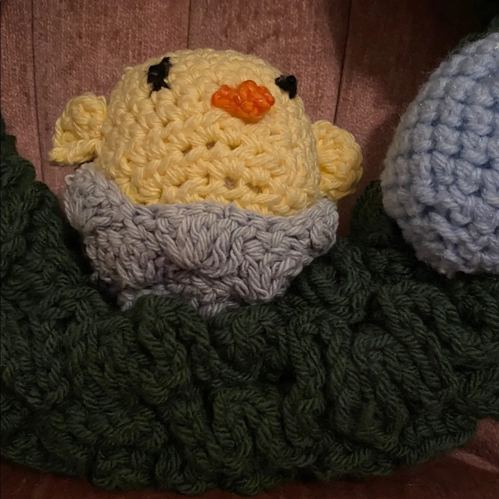 Vintage Handmade Crochet Easter Wreath with Chick and Eggs